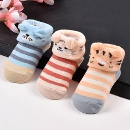 Footprints Pack Of 3 Animal Faces And Striped Design Organic Cotton Unisex Anti skid Socks - Multicolor-image-82