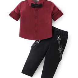 Babyhug Woven Full Sleeves Solid Party Shirt & Trouser Set with Bow & Suspenders - Maroon & Black-image-59