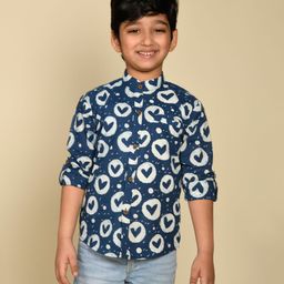 LIL PITAARA Boys Pure Cotton Full Sleeves All Over Doodle Hearts Printed Shirt- Blue-image-19