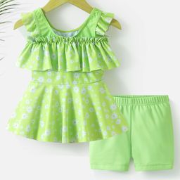 Babyhug Sleeveless Frock Swimsuit with Shorts Floral Print - Green-picture-20