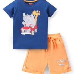 Babyhug 100% Cotton Knit Half Sleeves T-Shirt & Shorts With Rhino & Giraffe Print - Blue & Orange-image-71