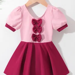 Babyhug Half Sleeves Solid Color Frock Swimsuit Bow Applique - Maroon-picture-28