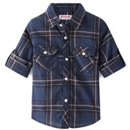 Babyhug 100% Cotton Woven Full Sleeve Check Regular Collar Double Pocket Shirt - Navy Blue-image-47