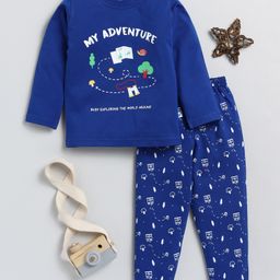 TOONYPORT Full Sleeves Adventure Text Printed Tee With Joggers   Set - Blue-image-0