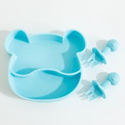 Teddy Bear Shaped Section Plate with Spoon & Fork -  Blue-85