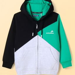 Pine Kids Cotton Knit Full Sleeves Cut & Sew Design Hooded Sweat Jacket with Kangaroo Pockets & Text Print - Green Black & Grey-picture-21