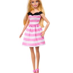 Barbie Doll and Accessories 65th Anniversary Commemorative Doll with Blonde Hair Pink and White Striped Dress with Matching Heels ( Color May Vary )-8
