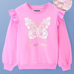 Pine Kids Cotton Knit Full Sleeves Drop Shoulder Sweatshirt with Abstract & Glitter Text Print - Pink-image-8