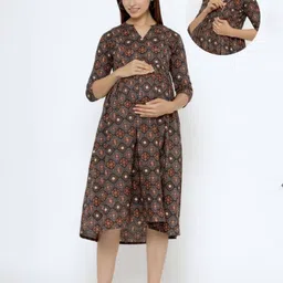 CRAFIQA Three Fourth Sleeves Floral Motif Printed Maternity Dress With Concealed Zipper Nursing Access - Black & Grey-picture-45