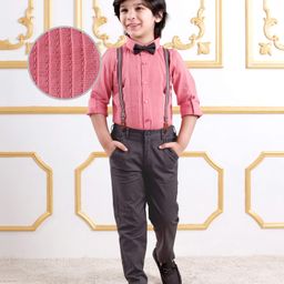 Mark & Mia Cotton Woven Full Sleeves Solid Colour Shirt & Trouser Set with Pintucks Detailing Bow & Suspender - Pink-image-27
