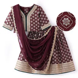 EARTHY TOUCH Woven Half Sleeves Floral Printed Choli Lehenga Set with Dupatta & Lace Detailing - Maroon-picture-48