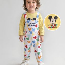 Babyhug Disney Single Jersey Knit Full Sleeves Mickey Mouse Printed T-Shirt &Full Length Dungaree - White & Yellow-image-25