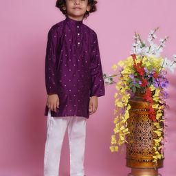 Little Bansi Cotton Silk Full Sleeves Foil Printed Kurta With Pyjama - Royal Purple-image-51