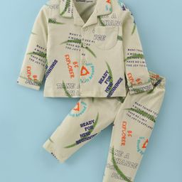 Doreme Single Jersey Knit Full Sleeves Front Open Text Printed Night Suit - Olive Green-image-4