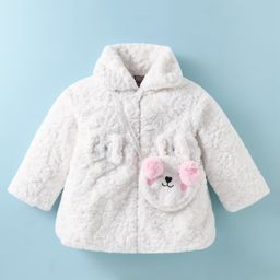 Little Kangaroos Knit Full Sleeves Fur Winter Jacket With Bow Applique & Sling Bag - Off White-image-48