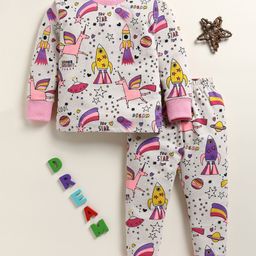 Little Marine Cotton Kint Full Sleeves Printed Night Suit - Cream-image-99
