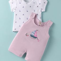 ToffyHouse Cotton Woven Ship Printed & Embroidered Dungaree Style Romper & Half Puffed Sleeves Inner Tee - Pink & White-image-64