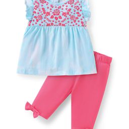 Babyhug Single Jersey Knit Frill Sleeves Floral Embroidered Top & Lounge Pant with Bow Applique - Blue & Pink-image-25