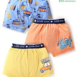 Babyoye Cotton Elastine Knit Trunks With Vehicle Print Pack Of 3 - Orange Yellow & Blue-image-73