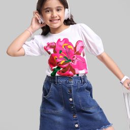 OLLINGTON ST. Cotton Knit Half Sleeves Top with Floral Print & Stretchable Denim Skirt - White & Indigo-image-18