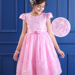 Mark & Mia Woven Cap Sleeves Party Dress With Floral Embroidery & Bow Applique - Pink-image-73