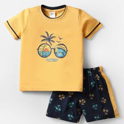 Taeko Single Jersey Knit Half Sleeves T-Shirt & Shorts Set With Beach Theme Print - Light Yellow & Black-image-44