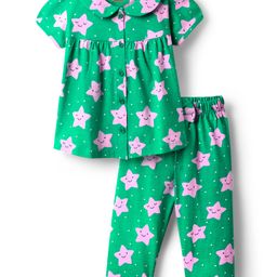 Babyhug Cotton Knit Half Sleeves Front Open Co-Ords Night Suit With Star Print - Green-image-79