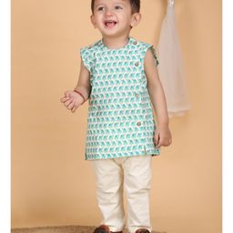 Polka Tots Cotton Sleeveless Baby Elephants Printed Jhabla & Pant Set - Aqua Blue-image-72