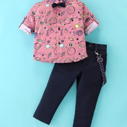 Dapper Dudes Full Sleeves Space Theme Printed Shirt With Suspender Bow & Pant Set - Peach-image-52
