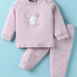 Zero Interlock Knit Full Sleeves Night Suit with Floral Print & Bunny Patch Detailing - Lilac-image-38