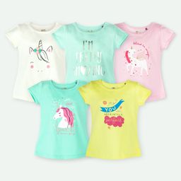 Ariel Cotton Knit Pack Of 5 Half Sleeves Unicorn & Typography Printed Tops - Cream Green Pink & Yellow-image-88