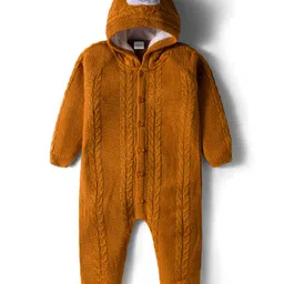 Babyhug Knit Full Raglan Sleeves Winter Wear Romper with Cable Knit Design Bear Embroidery - Light Brown-picture-42