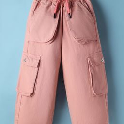 Olio Kids Cotton Woven Full Length Solid Color Trouser with Cargo Pocket - Peach-picture-15