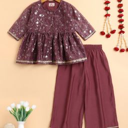 The Magic Wand Woven Three Fourth Sleeves Floral Foil Printed Top & Palazzo Set - Pink-picture-2