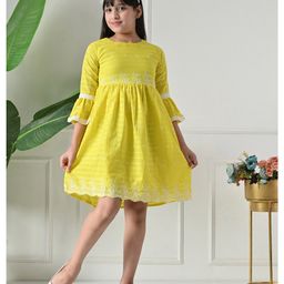 Bella Moda Cotton Woven Three Fourth Bell Sleeves Floral Embroidered Dress - Yellow-picture-12