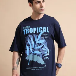 MORSE CODE Men Floral Printed Round Neck Cotton Oversized T-shirt-45