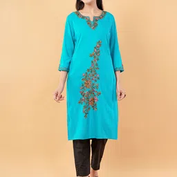 Kala Maison Floral Embroidered Notch Neck Aari Work Straight Kurta-28