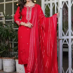 CaniBani Floral Embroidered Round Neck Chanderi Silk Straight Kurta with Trouser & Dupatta-image-41