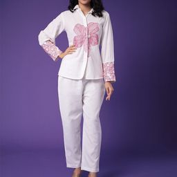 ZARI Embroidered Shirt Collar Long Sleeves Pure Cotton Top & Trouser-14