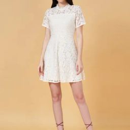 People by Pantaloons White Self Pattern A-Line Dress-image-64