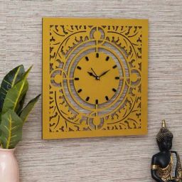 eCraftIndia Yellow Wood Square Shape Floral Designer Wall Clock image 2