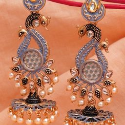Karatcart Antique Gold-Plated Kundan Studded Grey Meena Peacock with Flat Jhumki Earrings for Women-18