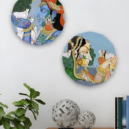 ArtVibes Green & Blue Set Of 2 Printed Pichwai Round Shape Wooden Wall Hanging-16