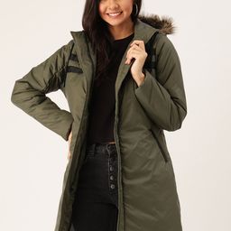 DressBerry Women Olive Green Longline Solid Parka-image-23