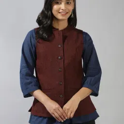 Fabindia Maroon Self Pattern Jacket-image-24