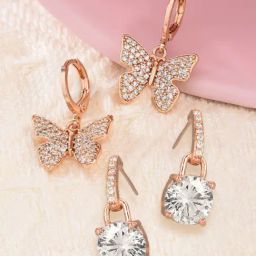 Zaveri Pearls Set of 2 Rose Gold Contemporary Cubic Zirconia Drop Earrings-ZPFK13473-3