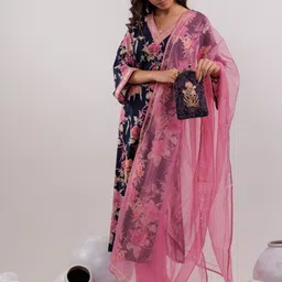 Yufta Women Floral Printed Regular Thread Work Pure Cotton Kurta with Trousers & With Dupatta-45