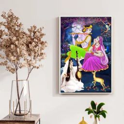 999Store Multicolor Canvas Lord Krishna Playing Flute With Mirabai Painting Floating Frame-1