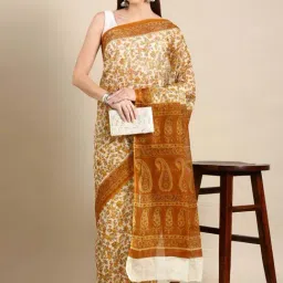 SHANVIKA Off-White & Mustard Cotton Floral Print Saree With Unstitched Blouse-picture-33