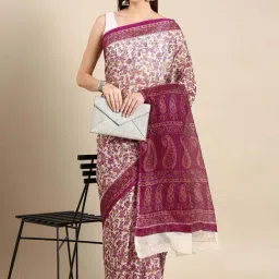 SHANVIKA Off-White & Purple Cotton Floral Print Saree With Unstitched Blouse-picture-18